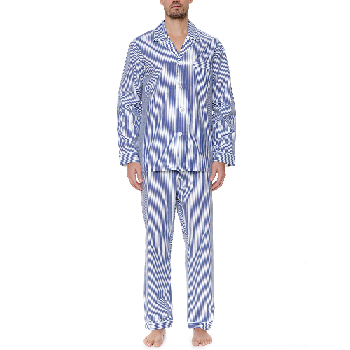 Cotton Long Sleeve Pajama In Navy Stripe